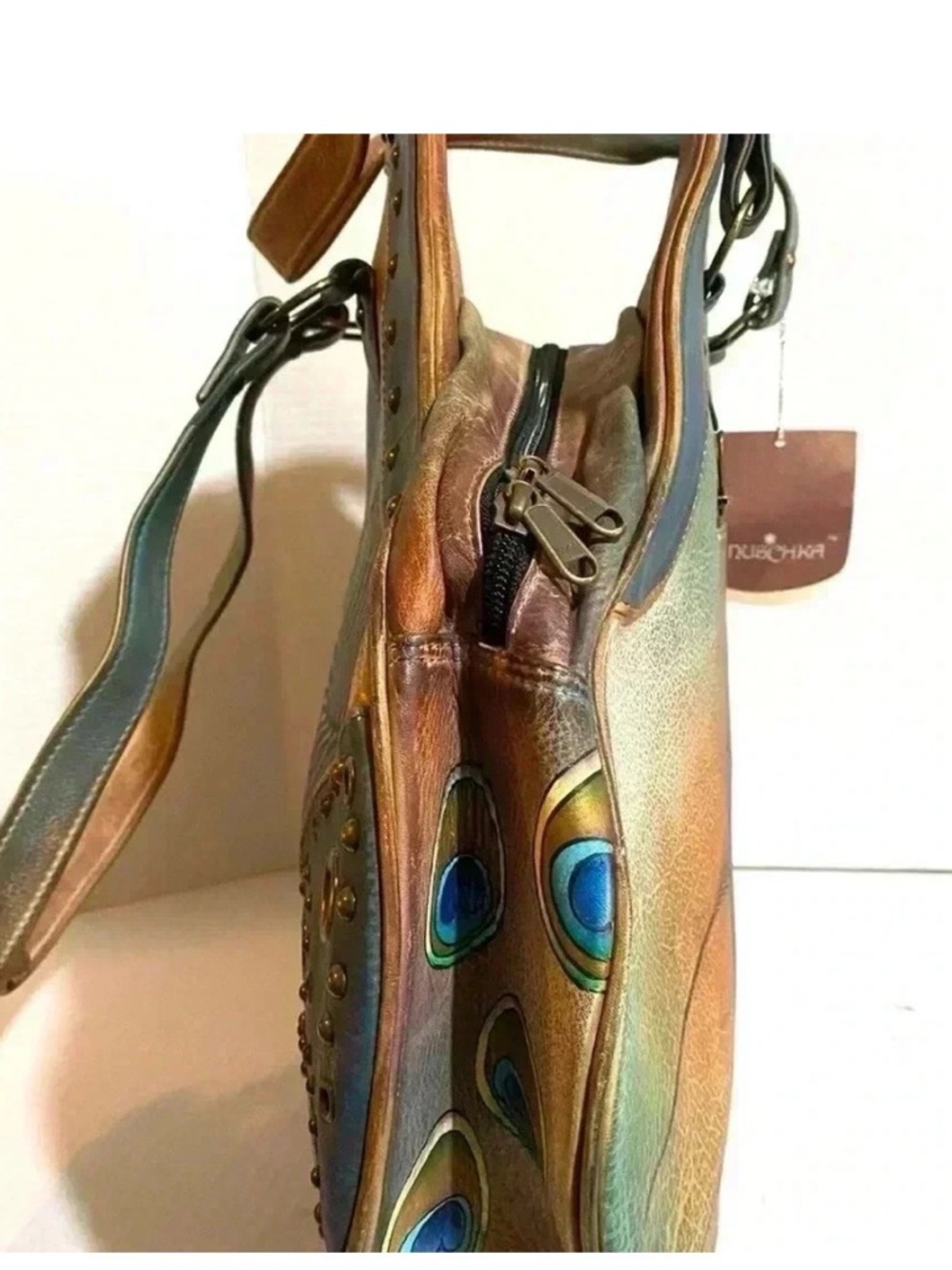 Anuschka Hand-Painted Peacock Feather Hibiscus Flower Hobo Extra Large Satchel - Picture 5 of 14